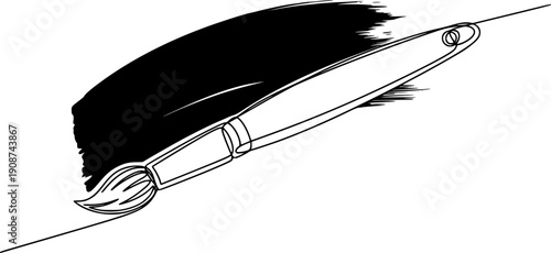 One continuous line of a classic art brush. Line art of a paint brush. Drawing in one line style with a black stroke.
