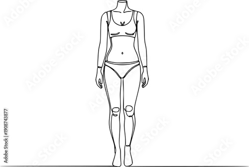 Female body or mannequin in full height in one line art style. Drawing with editable black stroke on white background.

