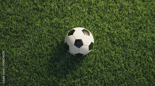 Overhead view of a classic black and white soccer ball positioned on a dense, textured green field, creating a visually striking composition for sports-related concepts.