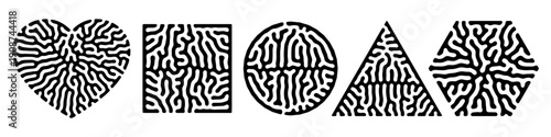 Vector set of standard geometric forms filled with intricate biological maze textures resembling brain or coral.