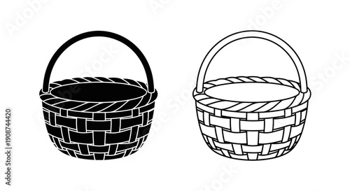 Black silhouette and outline vector wicker basket icon set, empty woven container, isolated on white