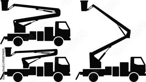 Vector, black, silhouette, illustration, set, of, cherry, picker, bucket, trucks, with, hydraulic, lifts, for, utility, maintenance, electrical, repair, construction, and, industrial, design,