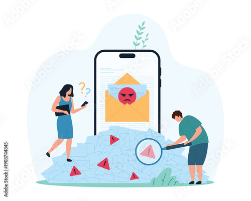 Overload of notifications about incoming emails, spam in inbox mobile app. Tiny people study with magnifying glass letters from spam pile falling out of big smartphone cartoon vector illustration