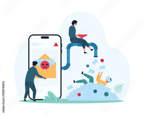 Spam notifications and messages overload in inbox mobile app. Tiny user drowning in pile of spam emails, SMS and marketing letters flowing from tap on smartphone screen cartoon vector illustration
