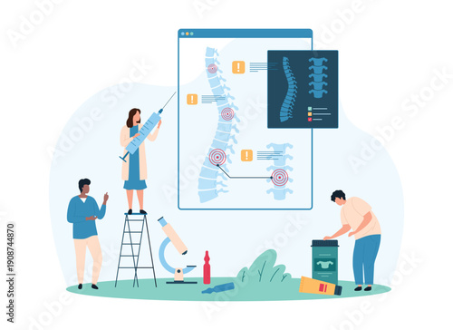 Diagnosis and treatment of spinal column diseases. Tiny people check for inflammation in intervertebral discs on anatomy human spine chart, holding injection syringe cartoon vector illustration