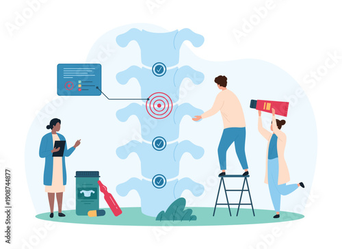 Diagnosis and treatment of spinal diseases, osteoarthritis. Tiny people check inflammation of intervertebral discs and cartilage on medical anatomy presentation of spine cartoon vector illustration