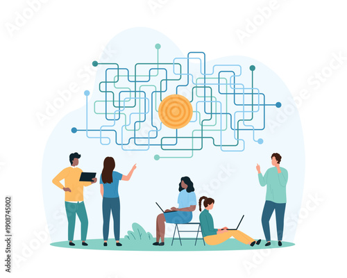 Success of goal achievement, solving complex problem. Tiny people think on complicated labyrinth to understand easy way to target, group process of finding smart idea cartoon vector illustration