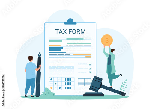 Tax form filling, research and payment, business accounting. Tiny people with pen and money check cost of monthly deductions in statement, submission of financial document cartoon vector illustration
