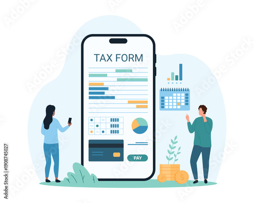 Tax payment service in mobile app. Tiny people calculate and pay money on tax bill with credit card, check financial report document and calendar for deadline online cartoon vector illustration