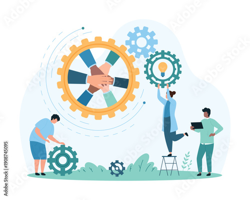 Effective and strong dedicated team, collaboration of employees. Tiny people holding light bulb inside gear, teamwork of workers for moving cogwheel company mechanism cartoon vector illustration