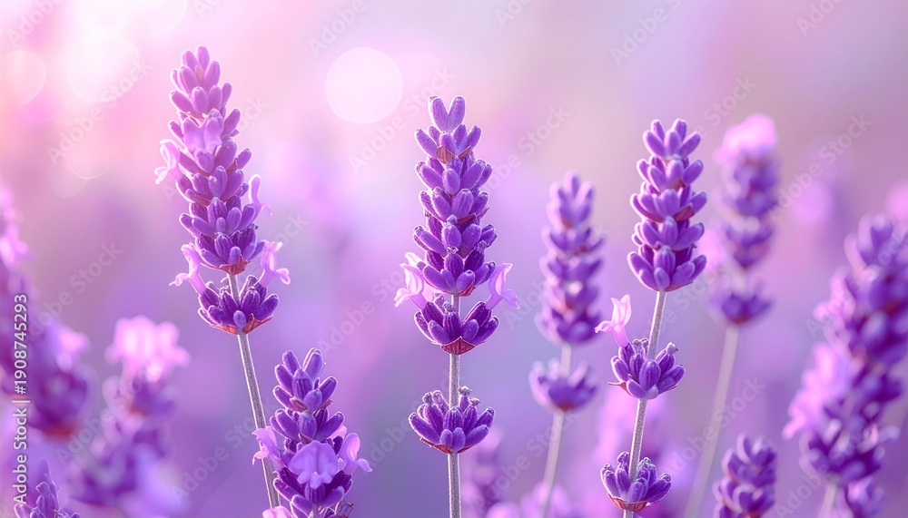 Obraz premium Beautiful lavender flowers in a soft, dreamy field at sunset. Close-up shot with shallow depth of field, creating a gentle purple and pink bokeh background. Ideal for aromatherapy and wellness.