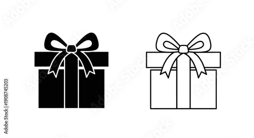 Gift box icon vector set. Black silhouette and outline present with ribbon bow, isolated on white