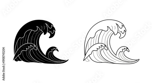 Black and white Japanese style ocean waves vector illustration, outline and silhouette versions, isolated on white