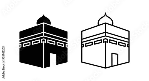 Kaaba icon vector set. Black solid and outline line art Kaaba symbol for Hajj and Umrah, Islamic pilgrimage, isolated on white