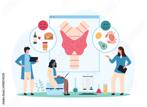 Comparison of bad and good diets for thyroid health, healthy eating awareness. Tiny people show endocrine organ infographic chart, talk about fast food harmful effects cartoon vector illustration