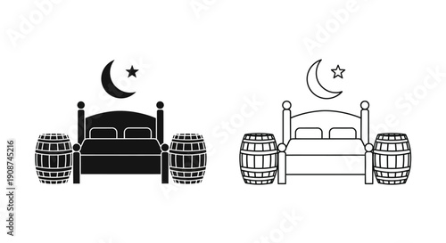 Black vector bed with wooden barrels and crescent moon star icon, sleep and dream concept, isolated on white