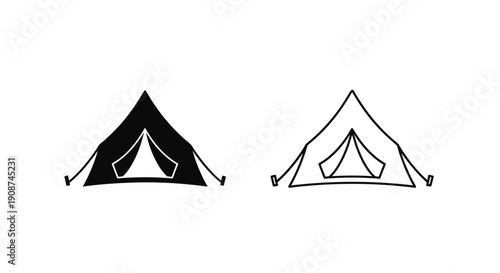 Black and outline camping tent vector icons, adventure outdoor shelter symbol isolated on white
