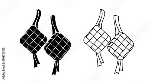 Ketupat vector icon set, black filled and outline traditional rice cake for Eid al-Fitr, isolated on white