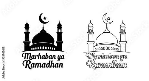 Marhaban Ya Ramadhan vector illustration with mosque silhouette and outline, crescent moon, star, black and white isolated on white