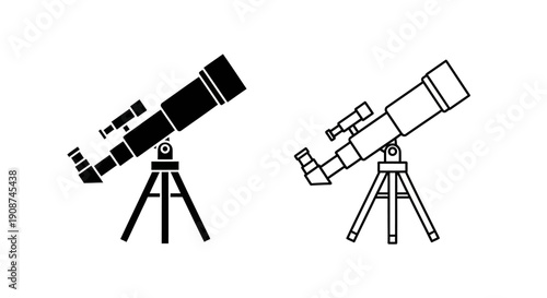 Black vector telescope icon set, solid and outline astronomy optical instrument for observation, isolated on white