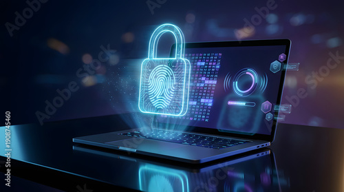 cyber security concept with holographic padlock and fingerprint scanning on laptop screen for data protection digital privacy biometric authentication and network safety in dark office