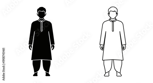 Indian man in traditional kurta pajama outfit, black silhouette and outline vector illustration isolated on white