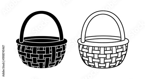 Woven basket vector icon set, black silhouette and outline, empty picnic or shopping container, isolated on white