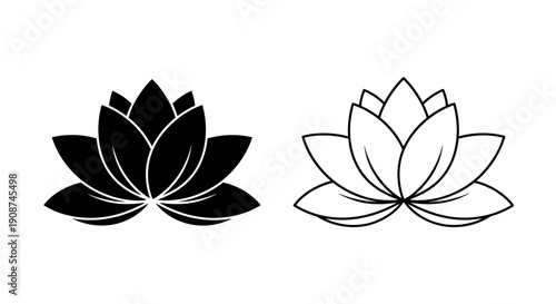 Black and white lotus flower vector icon set, outline and filled silhouette, isolated on white