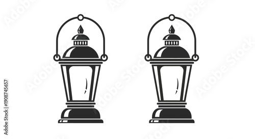 Black and white vector illustration of two vintage hanging lanterns, isolated on white