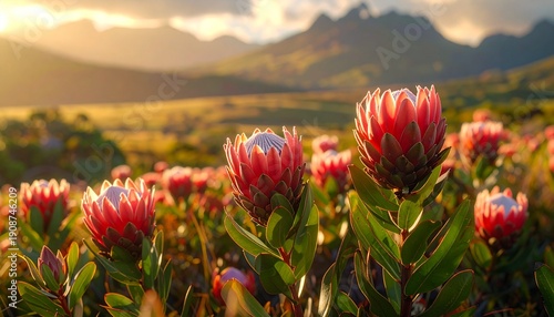 Vibrant pink King Protea flowers blooming in a scenic mountain landscape at sunrise. The warm golden light of dawn illuminates the beautiful blossoms and tranquil, natural scenery in the background