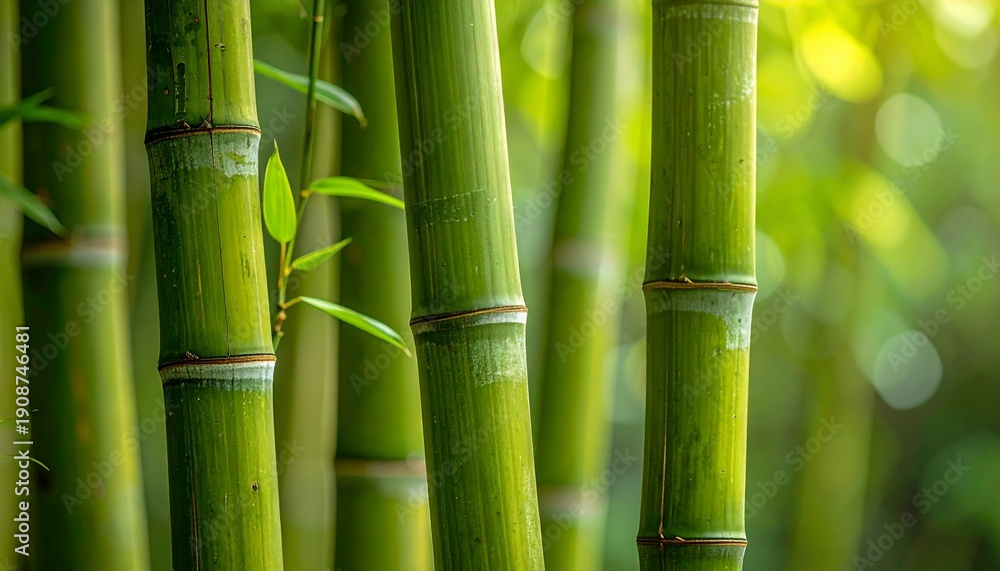 Obraz premium Close-up of vibrant green bamboo stalks in a tranquil forest with soft, natural sunlight filtering through the leaves, creating a peaceful and serene background with a beautiful bokeh effect.