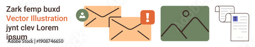 Communication, email notifications, digital organization, document management, alert systems, messaging. Envelopes with icons, images and documents. Communication and email notifications concept