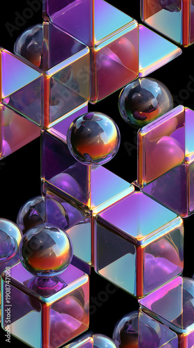 Abstract 3D Composite Modular Structure with Iridescent Cubes and Reflective Spheres, Futuristic Geometric Design for Tech and Innovation Concepts