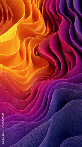Abstract 3D Layered Wave Structure with Gradient Flow, Vibrant Color Transition from Orange to Purple, Digital Fluid Dynamics Concept