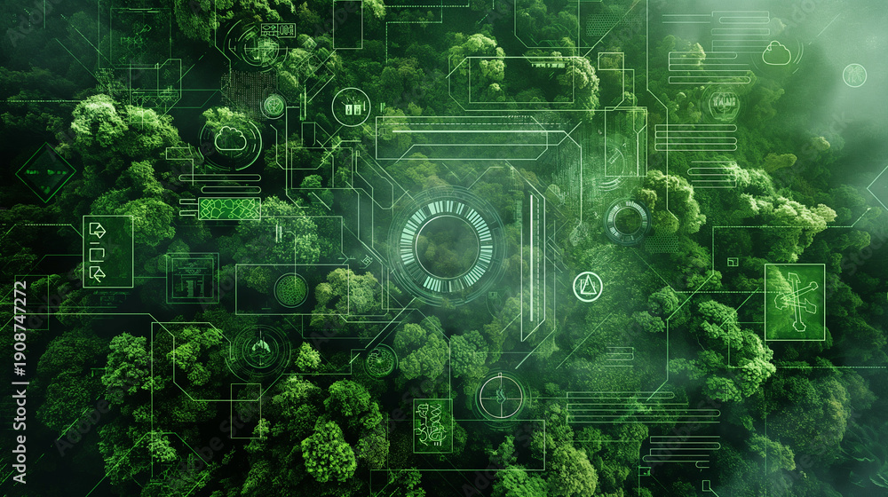 Obraz premium Green Data Grid Mapping a Forest Ecosystem in Real Time