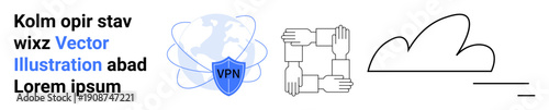 Cybersecurity, team collaboration, cloud storage, online privacy, global protection, data sharing. Shield with VPN in front of a globe, connected hands in a square cloud icon. Cybersecurity and team
