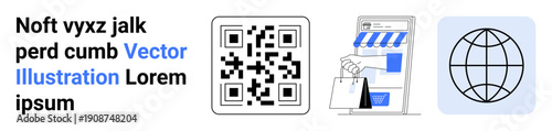 E-commerce, global trade, digital marketing, online payments, modern business, international reach. QR code, shopping cart storefront globe icon. E-commerce and global trade