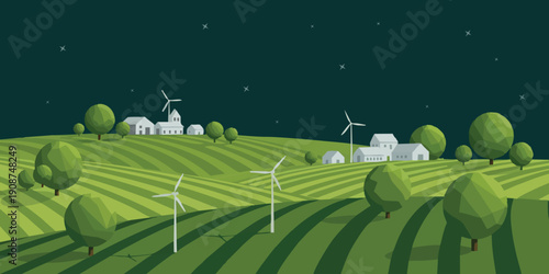 Nighttime farmland illustration featuring wind turbines and rural houses under starry sky. Represents renewable energy, sustainable farming, and countryside environment.