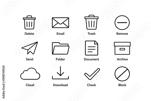 Basic user interface icons: email, trash, folder, cloud, download, check, block
