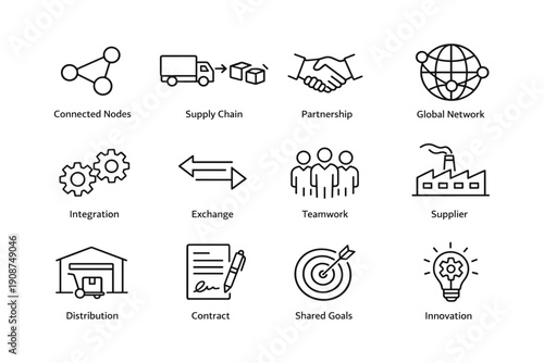 Icons depicting supply chain integration and global network connections
