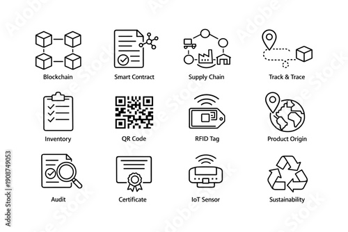 Blockchain and iot icons: smart contract, supply chain, sustainability
