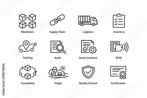 Blockchain and supply chain icons: logistics, inventory, and certification
