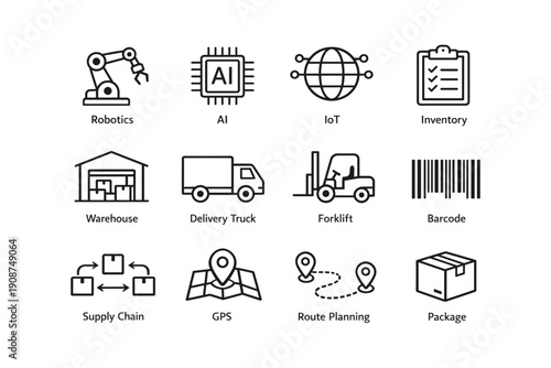 Industrial logistics icons: robotics, ai, iot, inventory, warehouse, delivery, forklift, barcode, supply chain