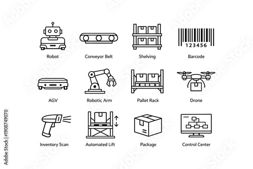 Warehouse automation icons: robot, conveyor, pallet rack, drone, barcode, agv, robotic arm