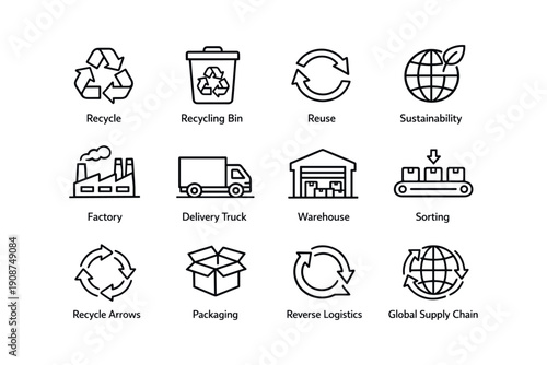 Sustainable recycling icons: reuse, factory, delivery, warehouse, sorting