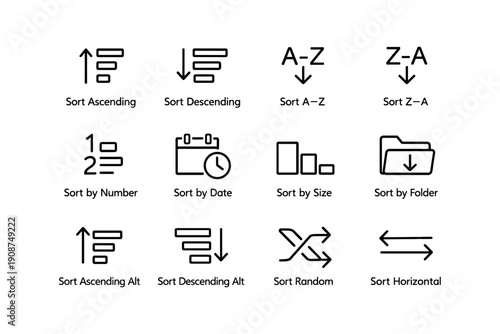 Sorting icons: ascending descending numeric date size folder horizontal