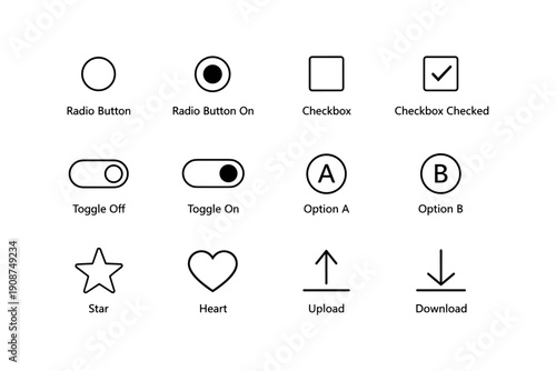 Ui elements: radio buttons, checkboxes, toggles, options, icons