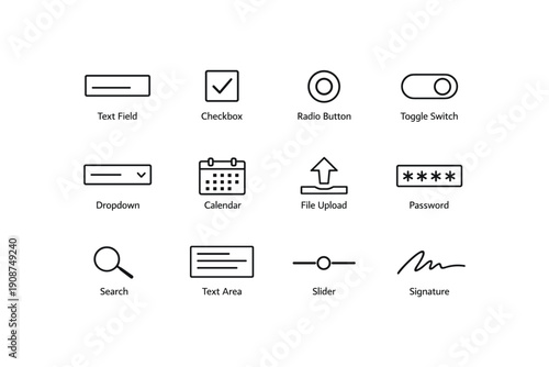 User interface elements: text fields, checkboxes, radio buttons, toggle switches, dropdowns