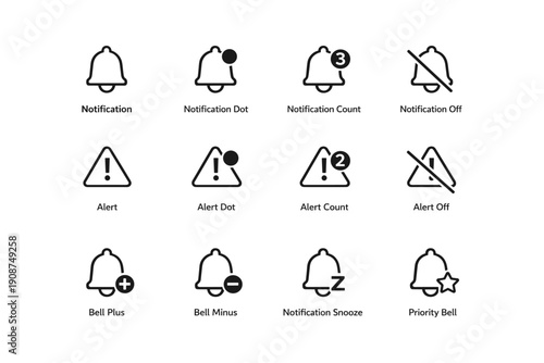 Notification icons: alert, bell variants, snooze, and priority symbols