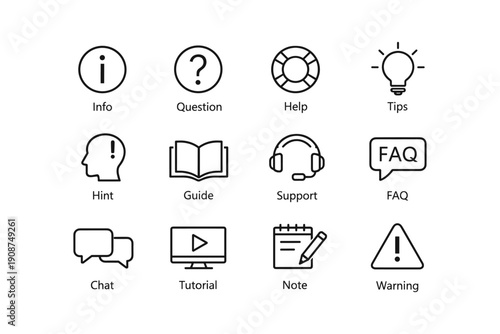 Set of helpful icons including info, question, help, tips, hint, guide, support, faq, chat, tutorial, note, warning